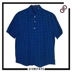 Boden Men's‎ Check Lined Blend Quarter Button Short Sleeve Shirt Blue Size XL
